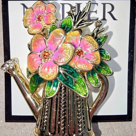 Napier Jewelry - NAPIER Flowers in Water Pitcher Gardener Gold Enamel & Crystals Brooch Pin**NEW!
